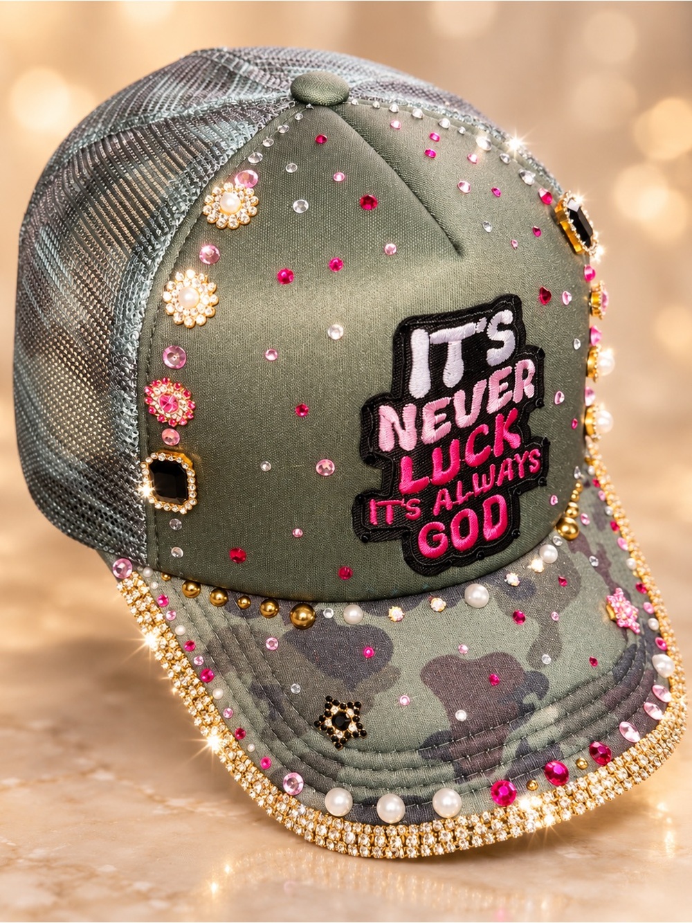 Embellished Olive Green Trucker Hat with Pink Accents.